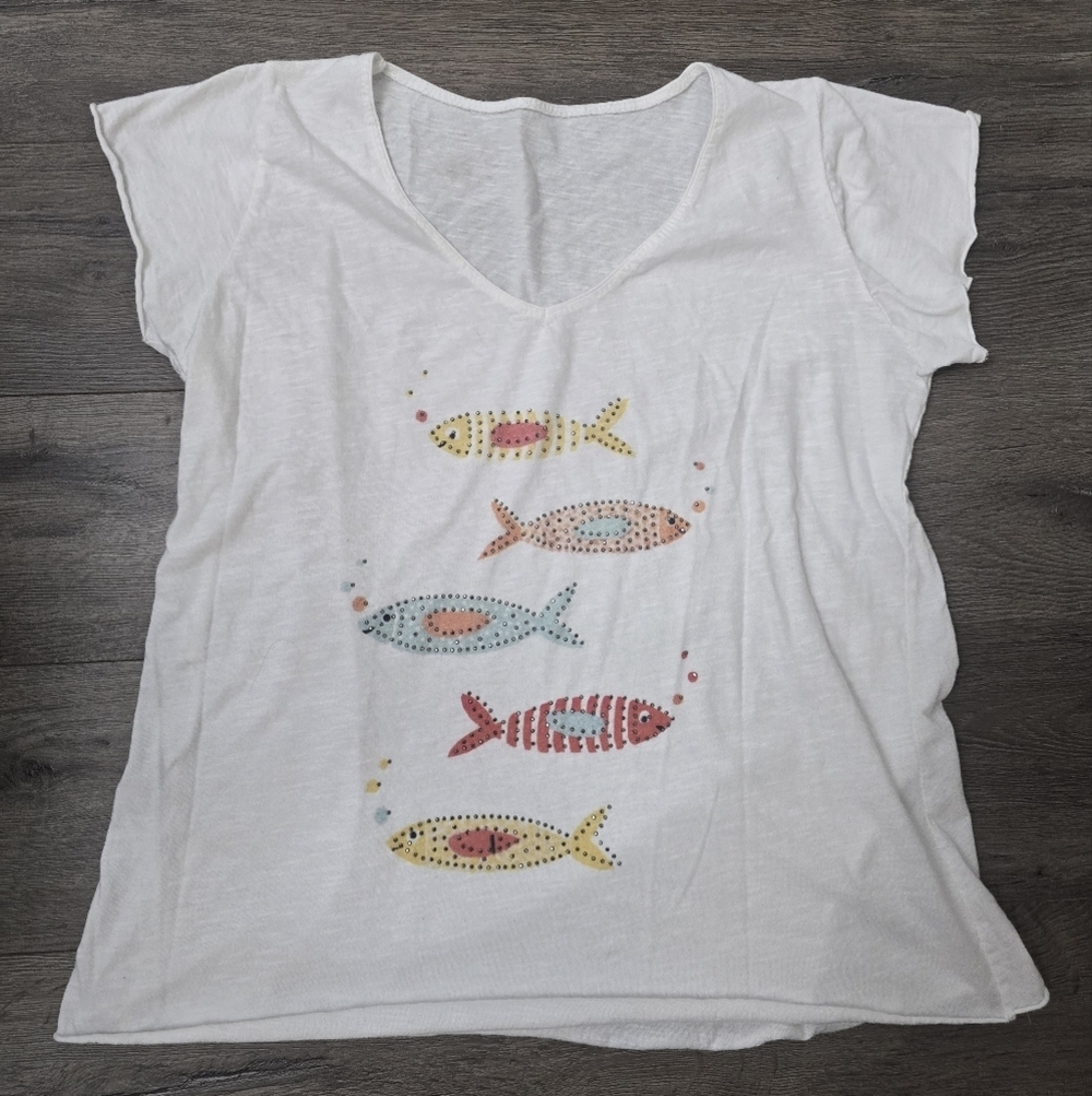 Artsy Bejeweled Fish Short Sleeve Tee 100% Cotton Nautical Whimsical Coastal